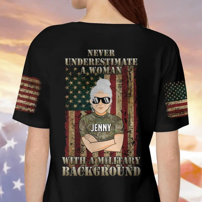 Custom Personalized Female Veteran All-Over Print T-Shirt - Gift Idea For Female Veteran/ Veterans Day - Never Underestimate A Woman With A Military Background