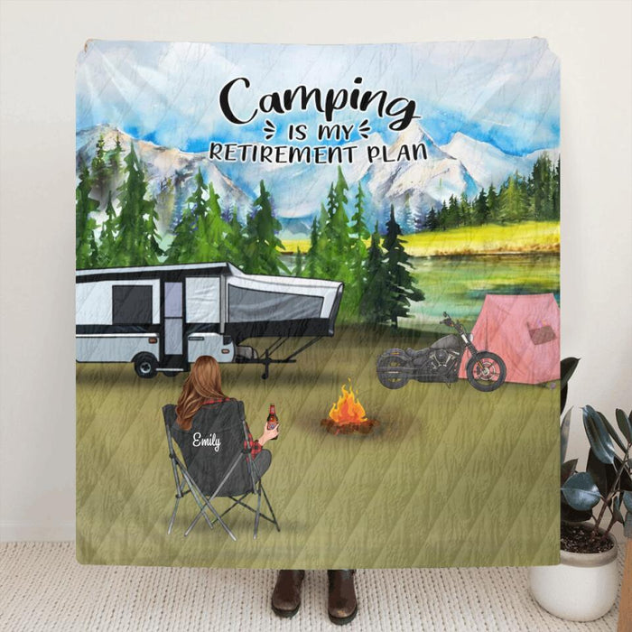 Custom Personalized Camping Quilt/ Fleece Blanket - Man/ Woman/ Couple With Upto 5 Pets - Best Gift For Camping Lover - Camping Is My Retirement Plan