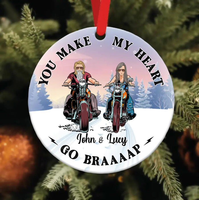 Custom Personalized Biker Couple Circle Wooden Ornament - Christmas Gift Idea For Couple - You Make My Heart Go Braaap!