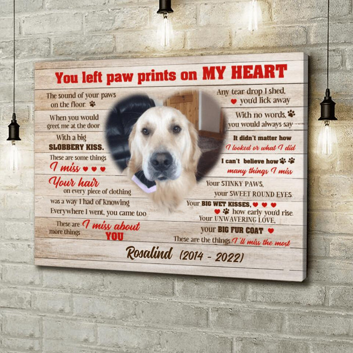 Custom Photo Dog Canvas - Memorial Passing Gift For Dog Lover - You Left Paw Prints On My Heart