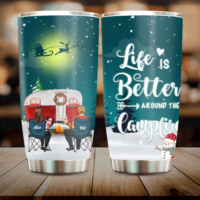 Custom Personalized Xmas Camping Tumbler - Adult/Couple/Single Parent/Parents with Upto 2 Kids And 3 Pets - Christmas Gift Idea For Camping/ Dog/ Cat Lovers - Life Is Better Around The Campfire