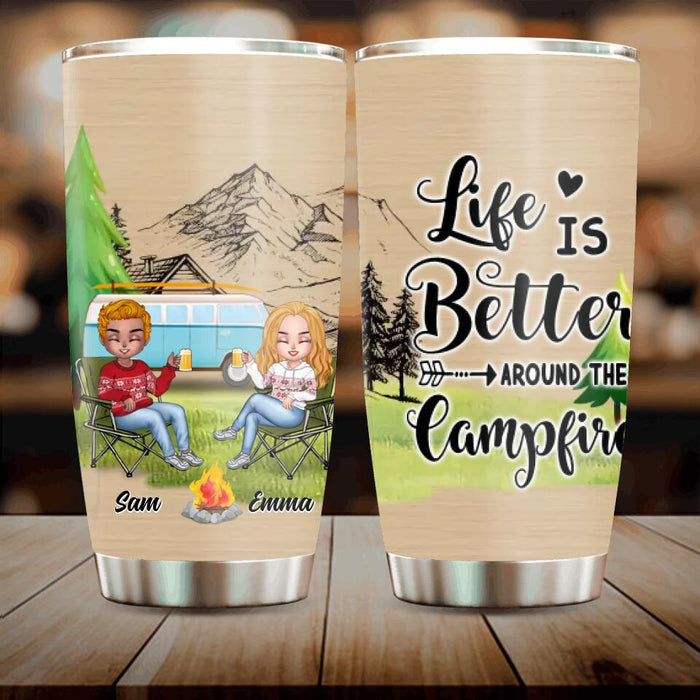 Custom Personalized Christmas Camping Tumbler - Upto 7 People - Christmas Gift For Family/ Couple/ Camping Lovers - Life Is Better Around The Campfire