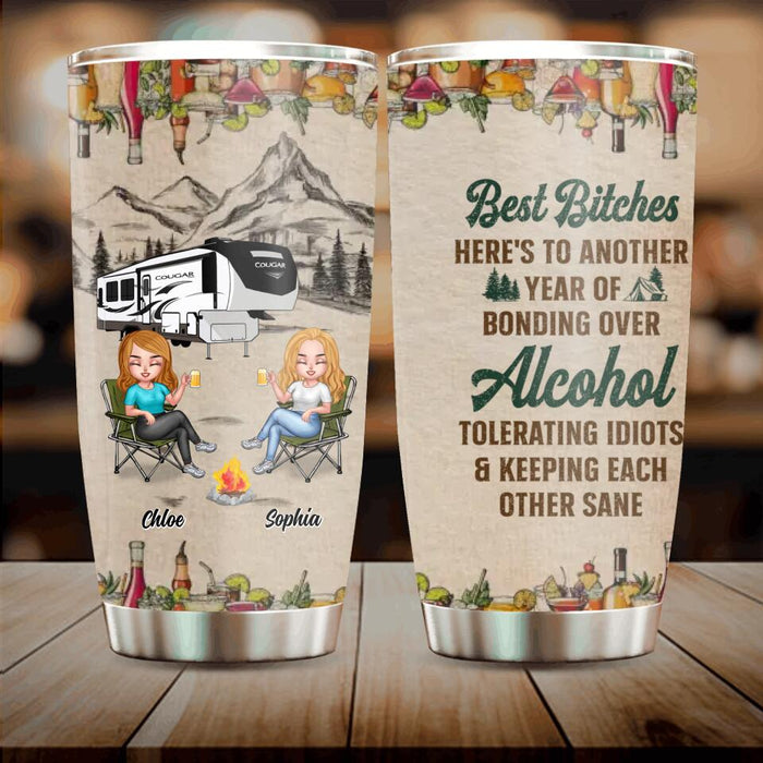 Custom Personalized Camping Friends Tumbler - Upto 7 People - Gift Idea For Friends/ Camping Lover - Here's To Another Year Of Bonding Over Alcohol