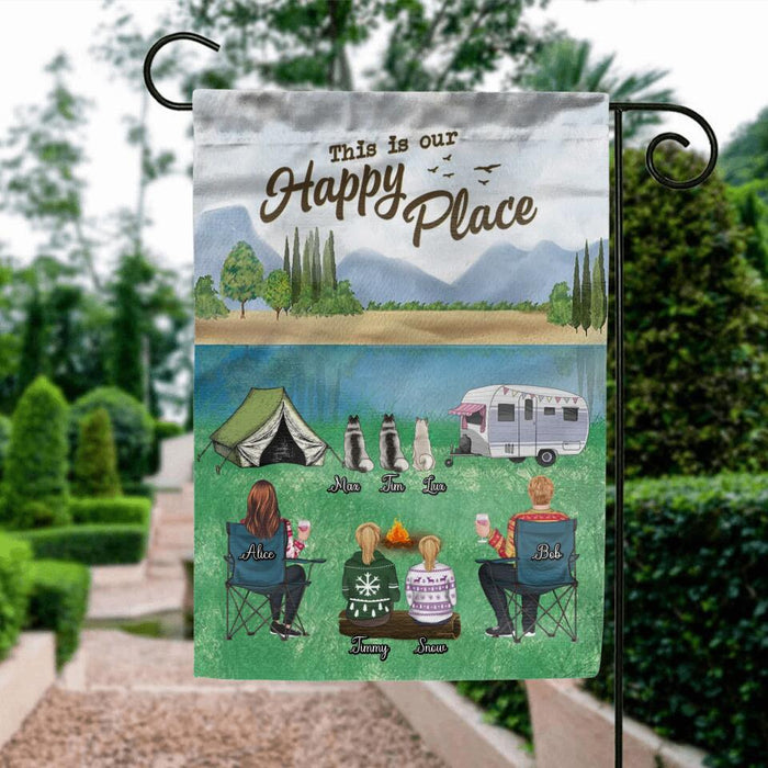 Custom Personalized Camping Flag Sign - Adult/ Couple/ Single Parent/ Parents With Upto 2 Kids And 3 Pets - Gift Idea For Couple/ Camping/ Dog/ Cat Lovers - This Is Our Happy Place