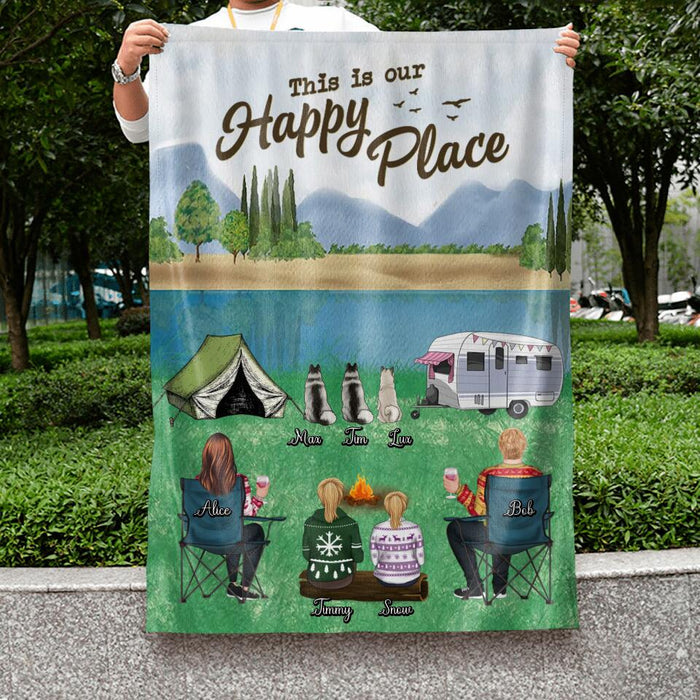 Custom Personalized Camping Flag Sign - Adult/ Couple/ Single Parent/ Parents With Upto 2 Kids And 3 Pets - Gift Idea For Couple/ Camping/ Dog/ Cat Lovers - This Is Our Happy Place