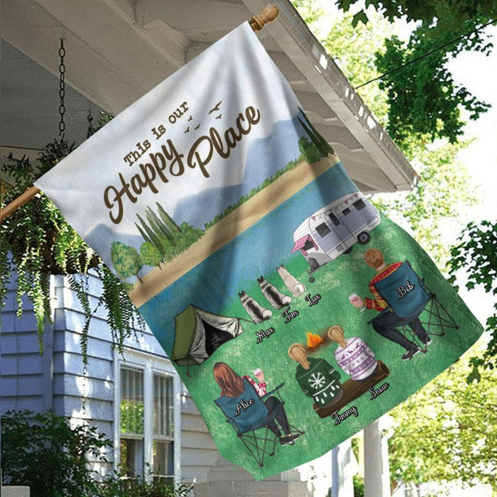 Custom Personalized Camping Flag Sign - Adult/ Couple/ Single Parent/ Parents With Upto 2 Kids And 3 Pets - Gift Idea For Couple/ Camping/ Dog/ Cat Lovers - This Is Our Happy Place