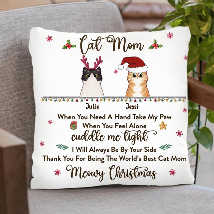 Custom Personalized Cat Mom/Dad Pillow Cover - Christmas Gift Idea For Cat Lovers/Owners - Upto 4 Cats - When You Need A Hand, Take My Paw