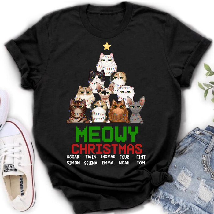 Custom Personalized Meowy Christmas T-shirt/ Long Sleeve/ Sweatshirt/ Hoodie - Upto 10 Cats - Christmas Gift Idea For Cat Lover