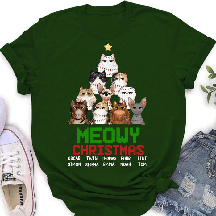 Custom Personalized Meowy Christmas T-shirt/ Long Sleeve/ Sweatshirt/ Hoodie - Upto 10 Cats - Christmas Gift Idea For Cat Lover