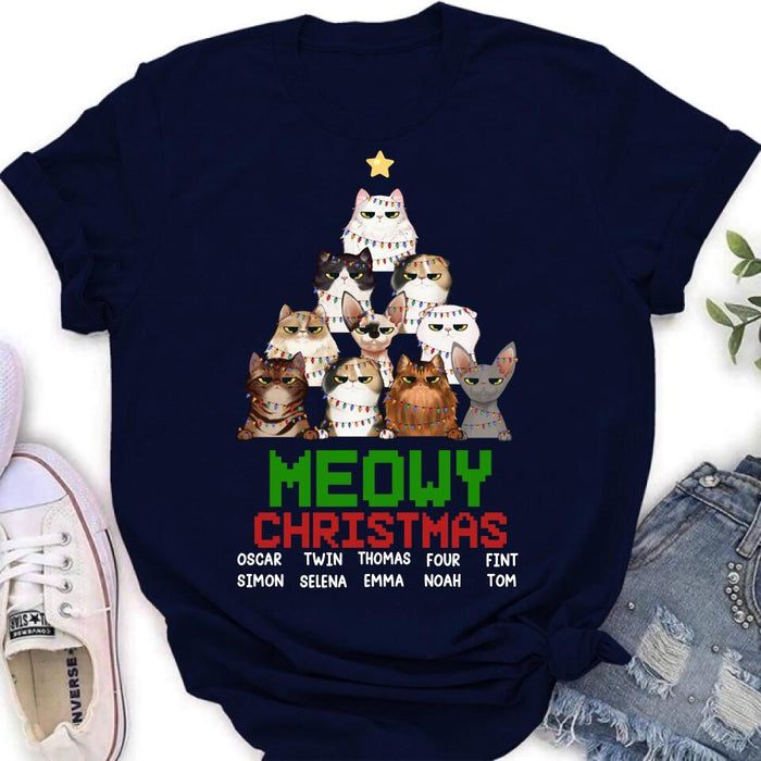 Custom Personalized Meowy Christmas T-shirt/ Long Sleeve/ Sweatshirt/ Hoodie - Upto 10 Cats - Christmas Gift Idea For Cat Lover