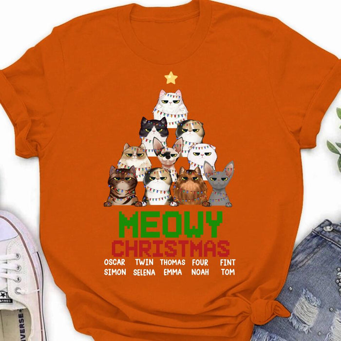 Custom Personalized Meowy Christmas T-shirt/ Long Sleeve/ Sweatshirt/ Hoodie - Upto 10 Cats - Christmas Gift Idea For Cat Lover