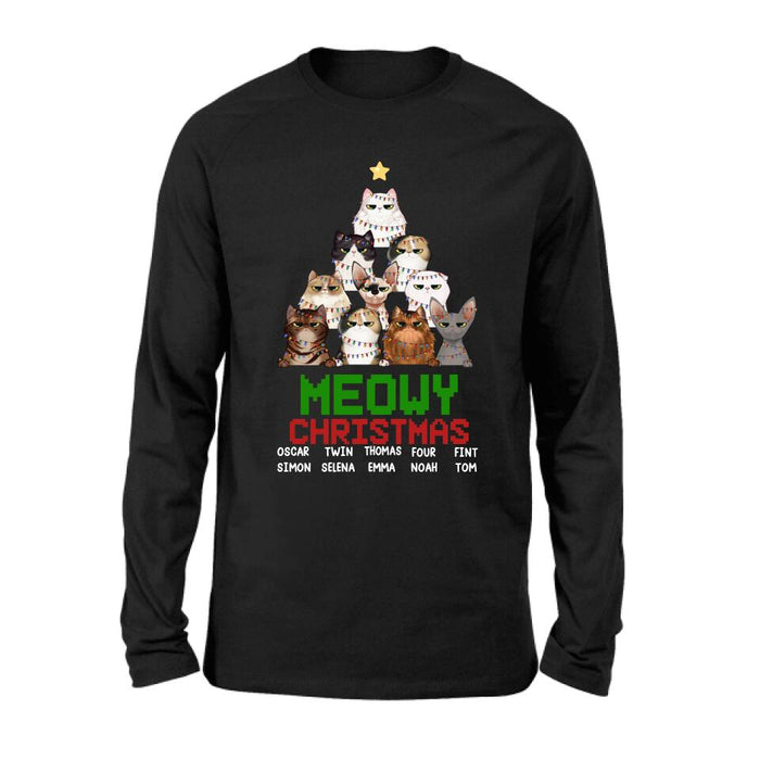 Custom Personalized Meowy Christmas T-shirt/ Long Sleeve/ Sweatshirt/ Hoodie - Upto 10 Cats - Christmas Gift Idea For Cat Lover