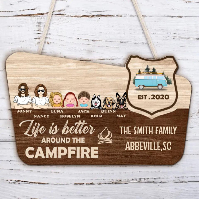 Custom Personalized Camping 2 Layered Wooden Art - Couple/Family With Up to 3 Kids,3 Dogs - Christmas/Birthday/Anniversary Gift For Couple/Family - Life Is Better Around The Campfire