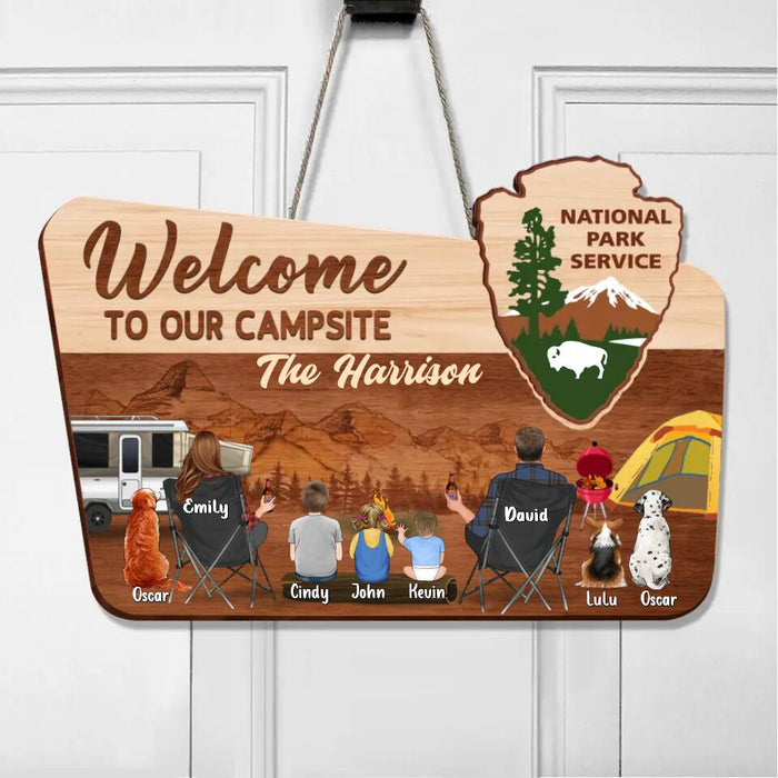 Custom Personalized Camping Wooden Sign - Couple/Parents With Upto 3 Kids And 3 Pets - Gift Idea For Family/ Camping/ Dog/Cat Lover - Welcome To Our Campsite