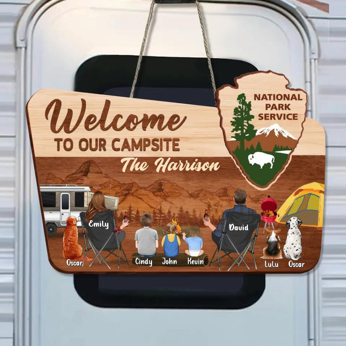 Custom Personalized Camping Wooden Sign - Couple/Parents With Upto 3 Kids And 3 Pets - Gift Idea For Family/ Camping/ Dog/Cat Lover - Welcome To Our Campsite