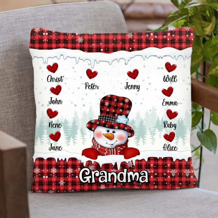 Custom Personalized Grandma Snowman Sweet Heart Kids Pillow Cover - Upto 10 Kids - Christmas Gift Idea For Grandma & Grandkids