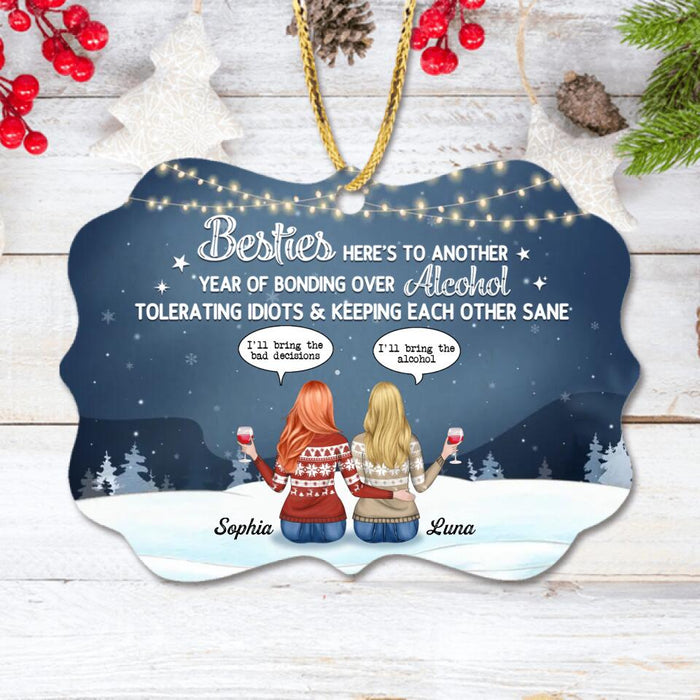 Custom Personalized Besties Rectangle Wooden Ornament - Gift Idea For Best Friends - Here's To Another Year Of Bonding Over Alcohol