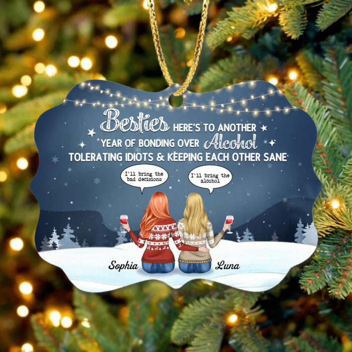 Custom Personalized Besties Rectangle Wooden Ornament - Gift Idea For Best Friends - Here's To Another Year Of Bonding Over Alcohol