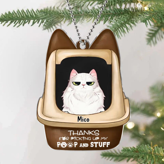 Custom Personalized Cats In Litter Box Acrylic Ornament - Gift Idea For Cat Lover - Upto 5 Cats - Thanks For Picking Up My Poop And Stuff