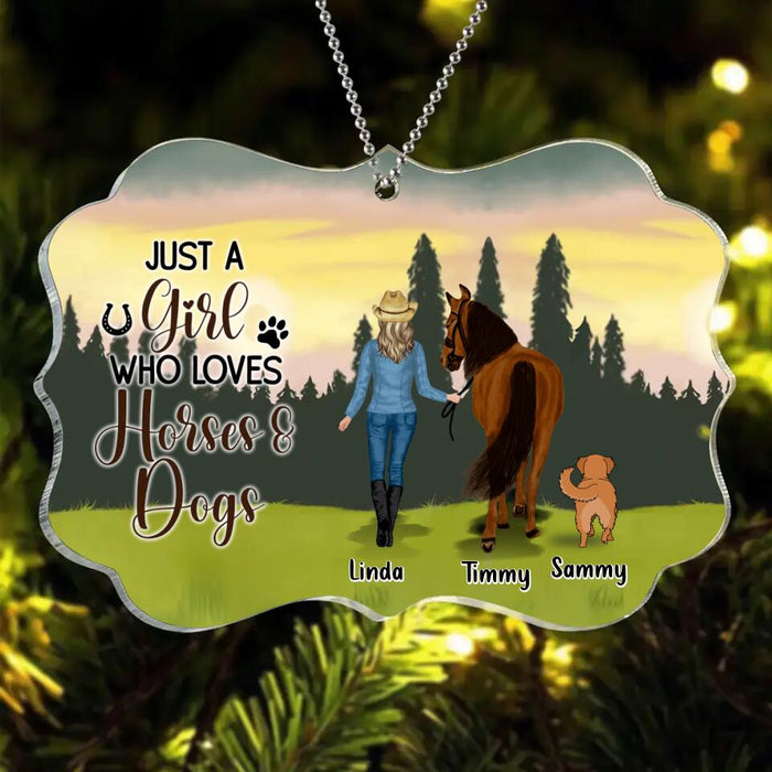 Custom Personalized Horse & Dog Rectangle Acrylic Ornament - Gift Idea For Horse/Dog Lovers With Up To 2 Horses And 4 Dogs - Just A Girl Who Loves Horses & Dogs