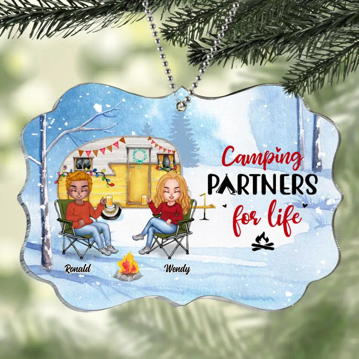 Custom Personalized Christmas Winter Camping Rectangle Wooden/Acrylic Ornament - Christmas Gift For Camping Lover - Couple With Upto 4 Pets - Camping Partners For Life