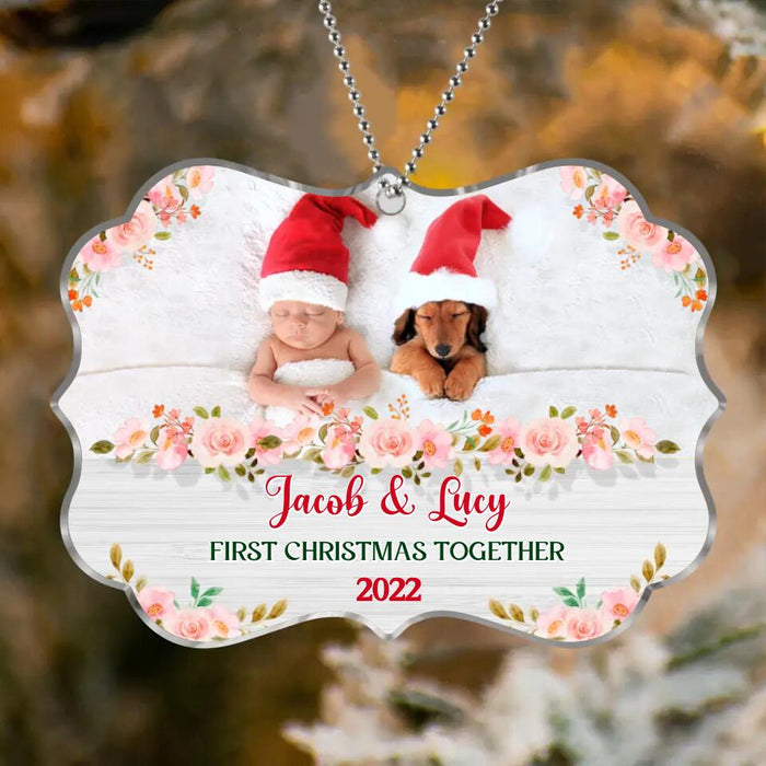 Custom Personalized Christmas Acrylic Ornament - Upload Baby and Dog Photo - First Christmas Together