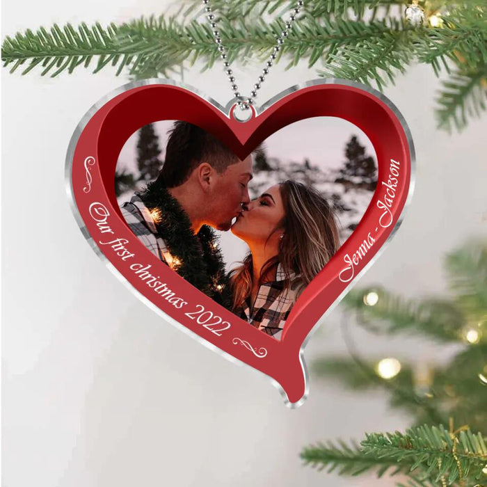 Custom Personalized Couple Photo Heart Acrylic Ornament - Christmas Gift Idea For Couple - Our First Christmas