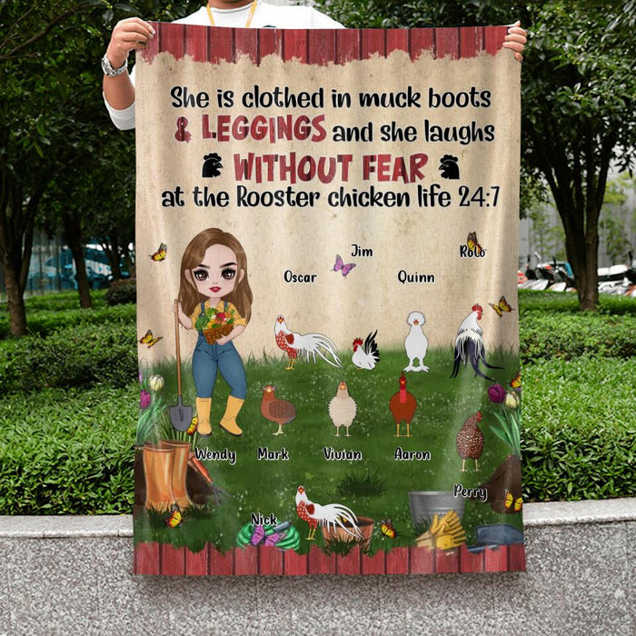 Custom Personalized Chicken Flag Sign - Upto 9 Chickens - Gift Idea For Chicken Lovers - She Is Clothed In Muck Boots & Leggings And She Laughs Without Fear At The Rooster Chicken Life