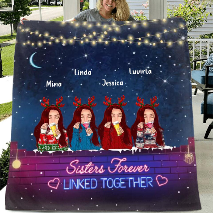 Custom Personalized Sister Christmas Quilt/Single Layer Fleece Blanket - Gift Idea For Sisters - Upto 4 Sisters - Sisters Forever Linked Together