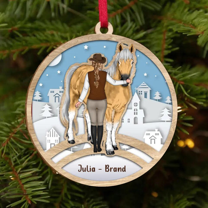 Custom Personalized Horse Girl Standing Circle Wooden Ornament - Christmas Gift Idea For Horse Lover