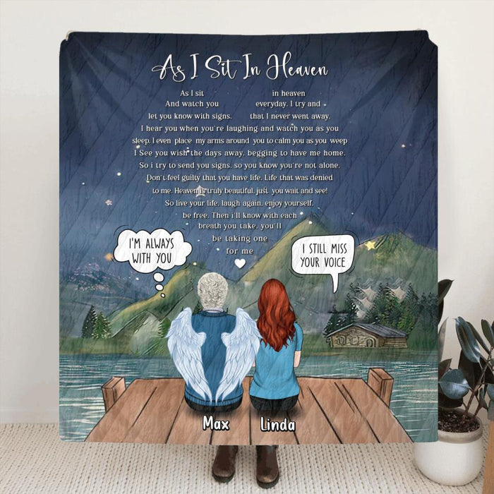 Custom Personalized Memorial Quilt/Single Layer Fleece Blanket - Gift Idea For Family - Upto 5 People - As I Sit In Heaven