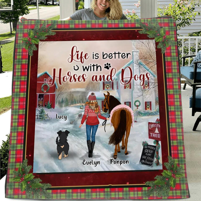 Custom Personalized Dogs & Horses Single Layer Fleece/Quilt Blanket/Pillow Cover - Gift Idea For Horse/Dog Lovers - Life Is Better With Horses And Dogs