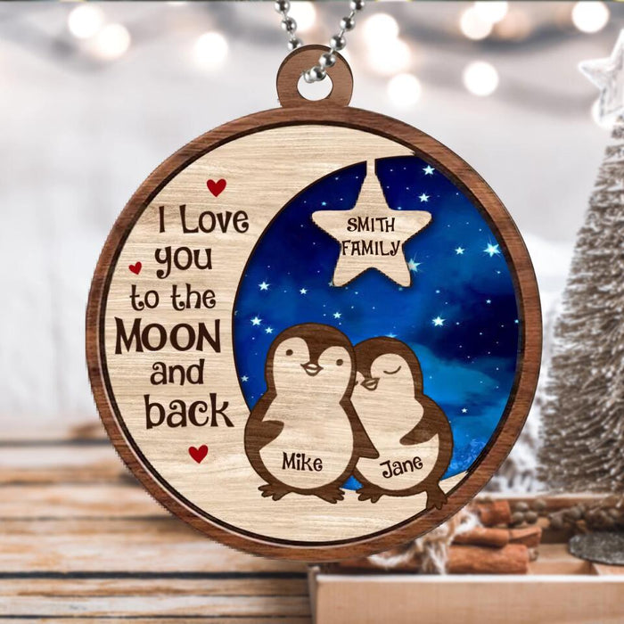 Custom Personalized Penguins Family Circle 2 Layers Wooden Ornament - Christmas Gift Idea For Family - Couple With Upto 3 Kids - I Love You To The Moon And Back