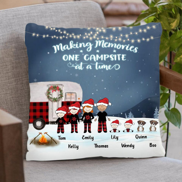 Custom Personalized Christmas Camping Family Pillow Cover - Couple/Parents with up to 4 Children and 2 Pets - Christmas Gift For Couple/Family - Making Memories One Campsite At A Time