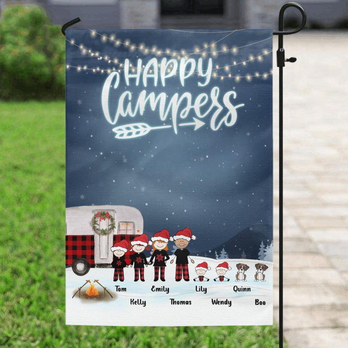 Custom Personalized Christmas Camping Family Flag - Couple/Parents with up to 4 Children and 2 Pets - Christmas Gift For Couple/Family - Happy Campers