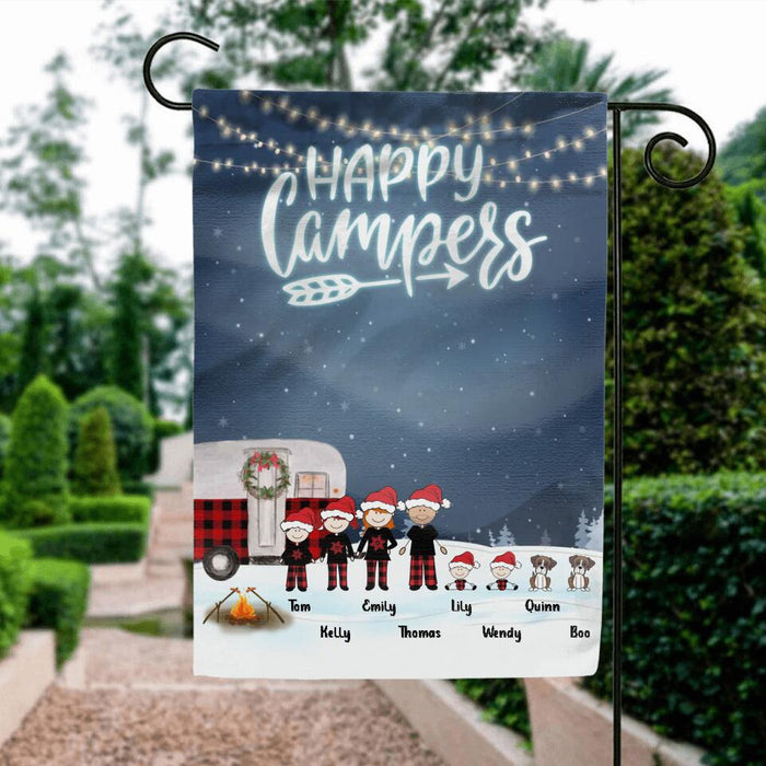 Custom Personalized Christmas Camping Family Flag - Couple/Parents with up to 4 Children and 2 Pets - Christmas Gift For Couple/Family - Happy Campers