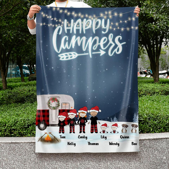 Custom Personalized Christmas Camping Family Flag - Couple/Parents with up to 4 Children and 2 Pets - Christmas Gift For Couple/Family - Happy Campers