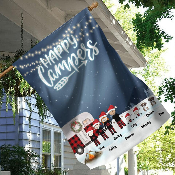 Custom Personalized Christmas Camping Family Flag - Couple/Parents with up to 4 Children and 2 Pets - Christmas Gift For Couple/Family - Happy Campers