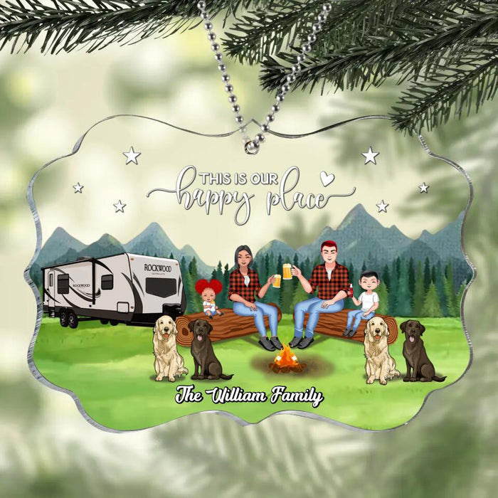 Custom Personalized Camping Acrylic Ornament - Gift Idea For Camping Lover/ Dog Lover/ Couple/ Family - Couple/ Parents With Upto 2 Kids And 4 Dogs - This Is Our Happy Place