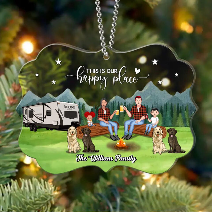 Custom Personalized Camping Acrylic Ornament - Gift Idea For Camping Lover/ Dog Lover/ Couple/ Family - Couple/ Parents With Upto 2 Kids And 4 Dogs - This Is Our Happy Place