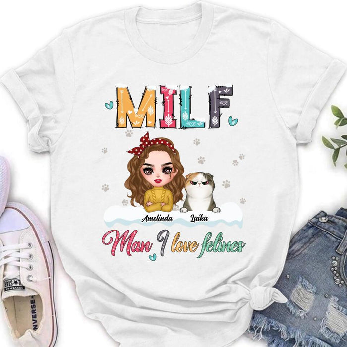 Custom Personalized Cat Mom Winter T-shirt/ Long Sleeve/ Sweatshirt/ Hoodie - Gift Idea For Cat Lover With Upto 4 Cats - Christmas/ Winter Gift - MILF Man I Love Felines