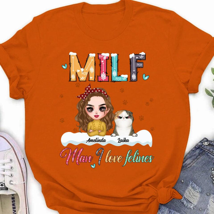 Custom Personalized Cat Mom Winter T-shirt/ Long Sleeve/ Sweatshirt/ Hoodie - Gift Idea For Cat Lover With Upto 4 Cats - Christmas/ Winter Gift - MILF Man I Love Felines