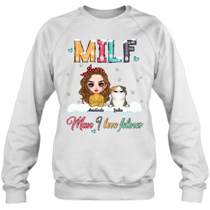 Custom Personalized Cat Mom Winter T-shirt/ Long Sleeve/ Sweatshirt/ Hoodie - Gift Idea For Cat Lover With Upto 4 Cats - Christmas/ Winter Gift - MILF Man I Love Felines