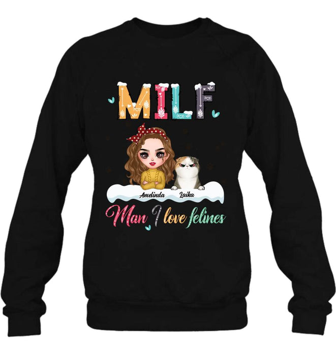 Custom Personalized Cat Mom Winter T-shirt/ Long Sleeve/ Sweatshirt/ Hoodie - Gift Idea For Cat Lover With Upto 4 Cats - Christmas/ Winter Gift - MILF Man I Love Felines