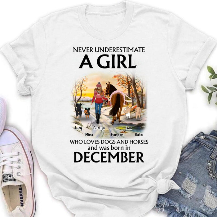 Custom Personalized Dogs And A Horse Shirt - Upto 4 Dogs - Christmas Gift Idea For Horse/Dog Owners - Never Underestimate A Girl Who Loves Dogs And Horses