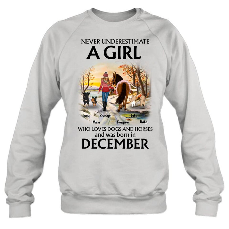 Personalized Dogs And A Horse Shirt - Up to 4 Dogs - Christmas Gift Idea For Horse/Dog Owners - Never Underestimate A Girl Who Loves Dogs And Horses
