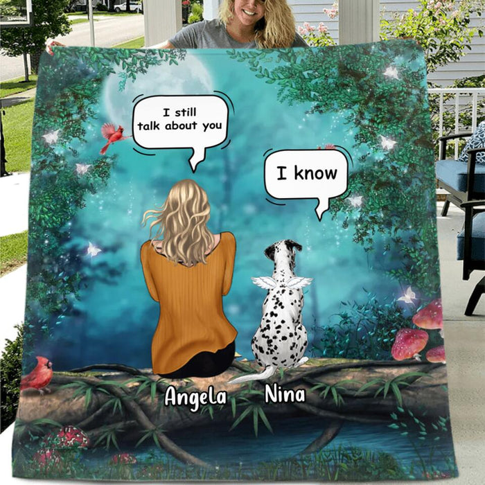 Custom Personalized Memorial Dog/Cat Quilt/Single Layer Fleece Blanket - Adult/ Couple With Upto 4 Pets - Memorial Gift Idea For Dog/ Cat Lovers - I Still Talk About You