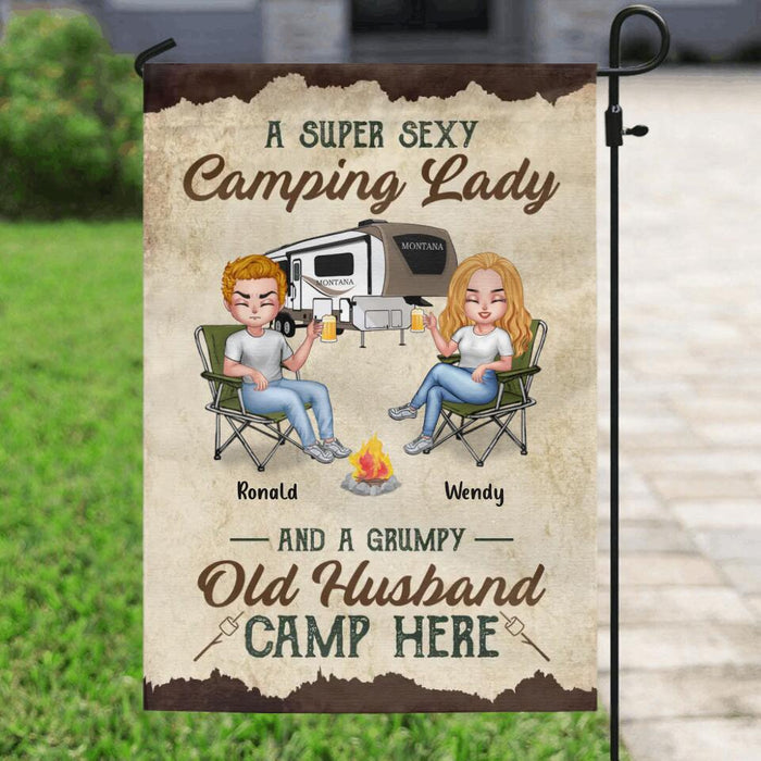 Custom Personalized Camping Couple Flag Sign - Gift Idea For Couple/ Camping Lover - A Super Sexy Camping Lady And A Grumpy Old Husband Camp Here