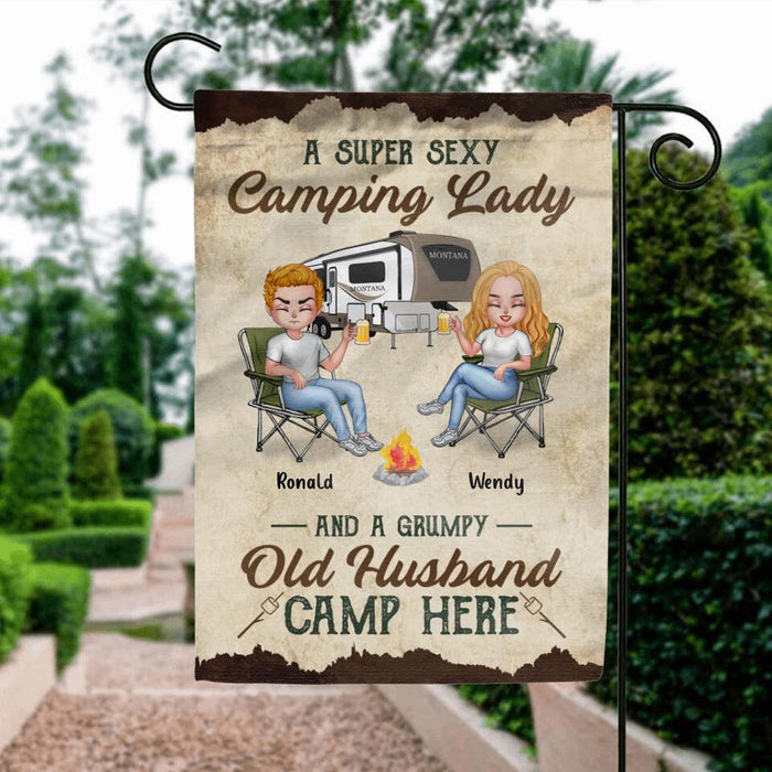 Custom Personalized Camping Couple Flag Sign - Gift Idea For Couple/ Camping Lover - A Super Sexy Camping Lady And A Grumpy Old Husband Camp Here