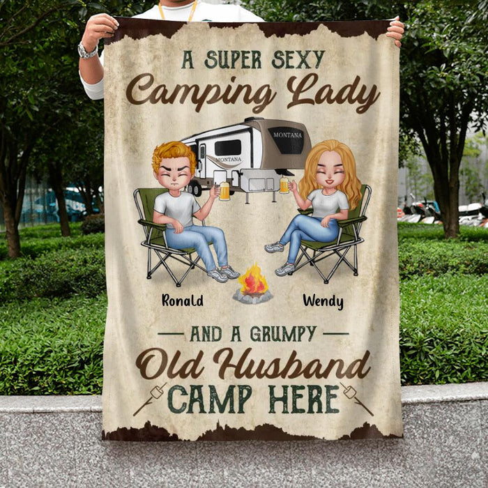 Custom Personalized Camping Couple Flag Sign - Gift Idea For Couple/ Camping Lover - A Super Sexy Camping Lady And A Grumpy Old Husband Camp Here